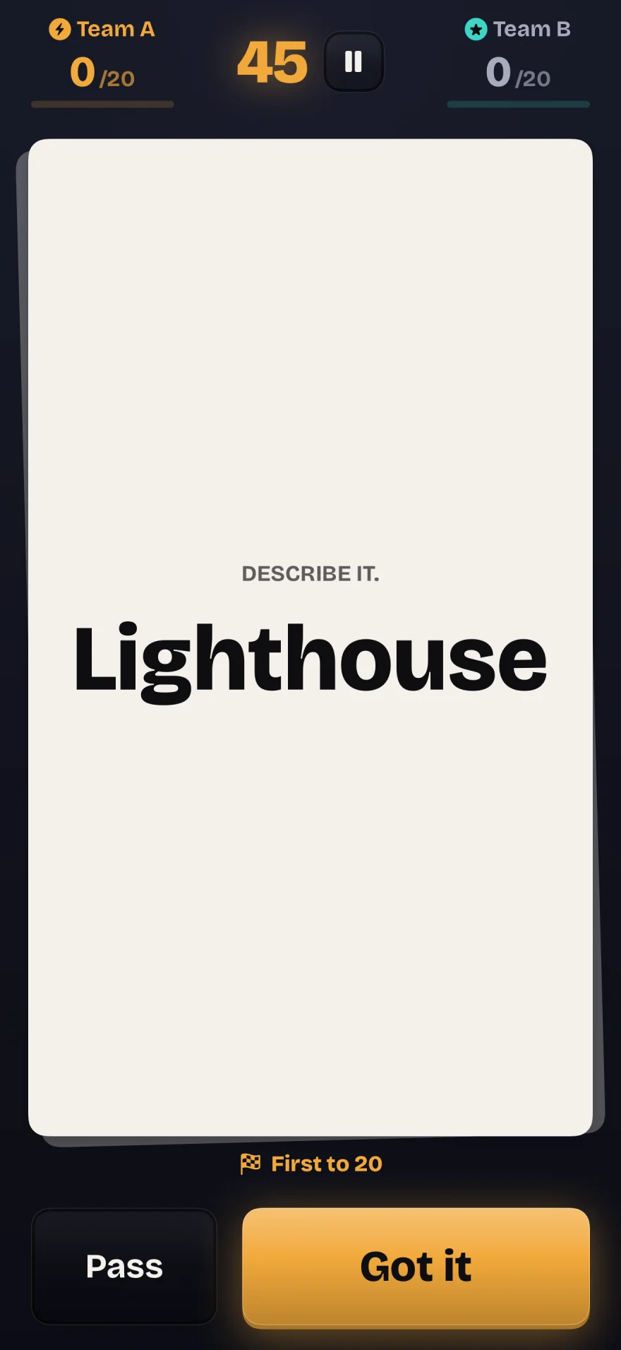 Describe on iPhone, showing the word Lighthouse, team scores, timer, Pass and Got it buttons.